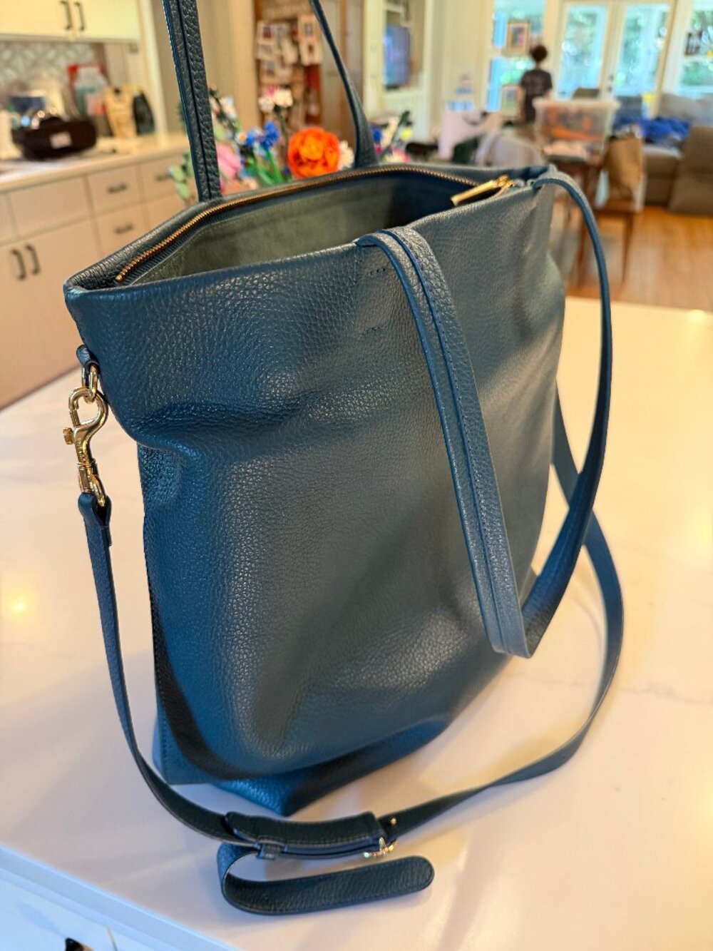 Cuyana Tall Easy Tote: Deep Ocean (discontinued color), insert, adjustable strap